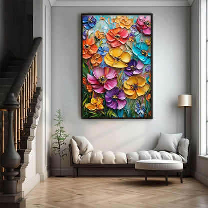 BLOOMING RHAPSODY: Colorful Impasto Floral Oil Painting | rolled canvas, ready for custom framing