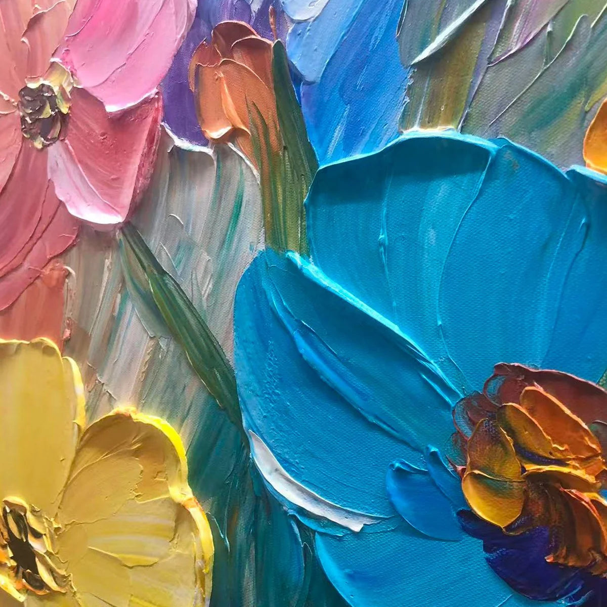 BLOOMING RHAPSODY: Colorful Impasto Floral Oil Painting | black frame version on white wall