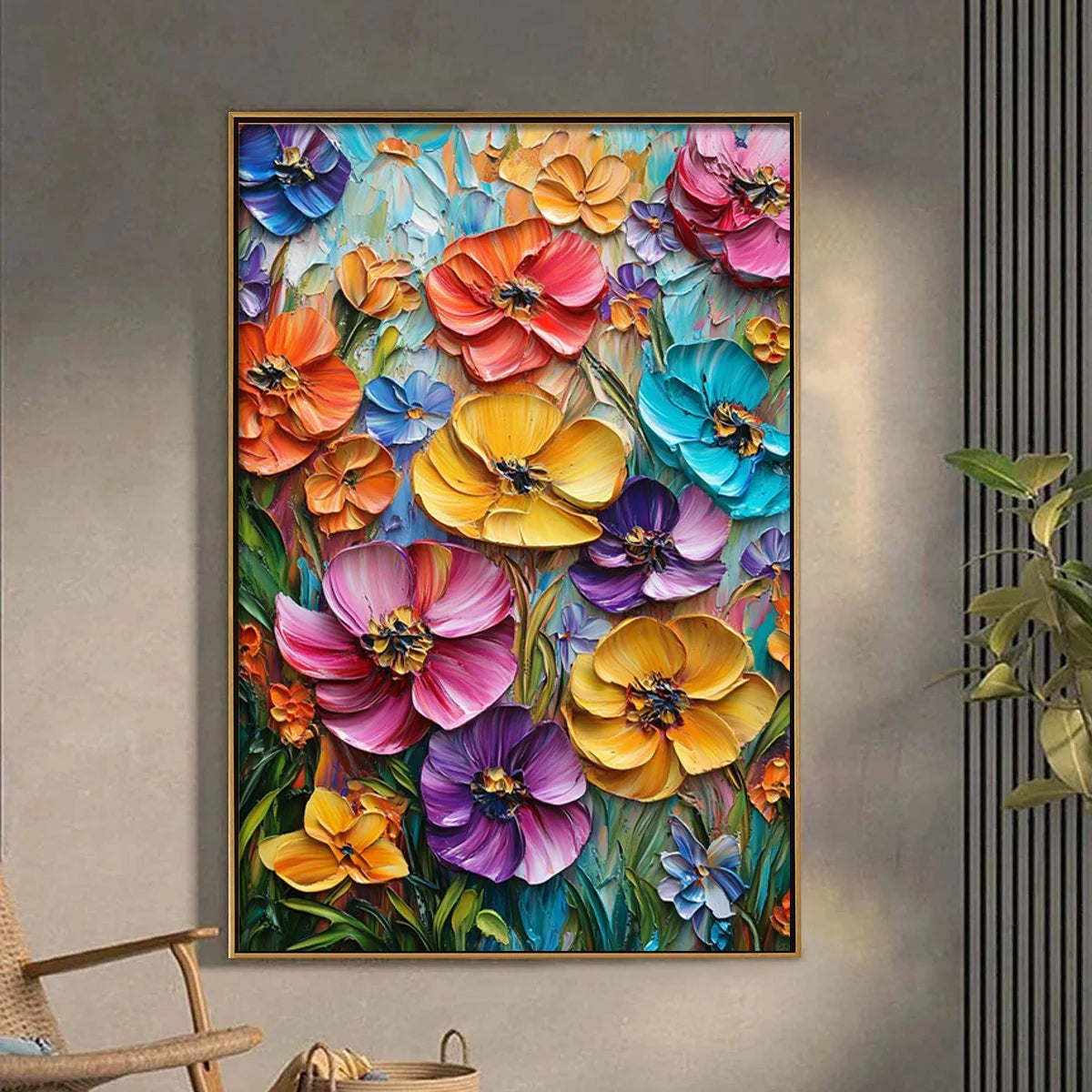 BLOOMING RHAPSODY: Colorful Impasto Floral Oil Painting | Abstract mood, soft natural light studio shot