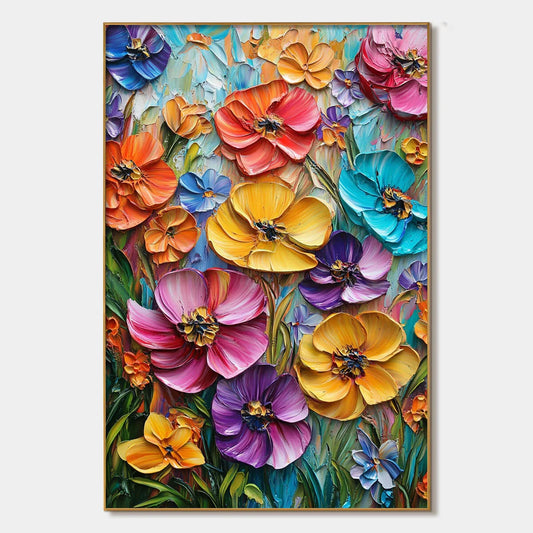 BLOOMING RHAPSODY: Colorful Impasto Floral Oil Painting | hanging in Colorful impasto floral oil painting in vibrant pink, coral, and teal tones; rich palette-knife work creates a joyful, energetic...