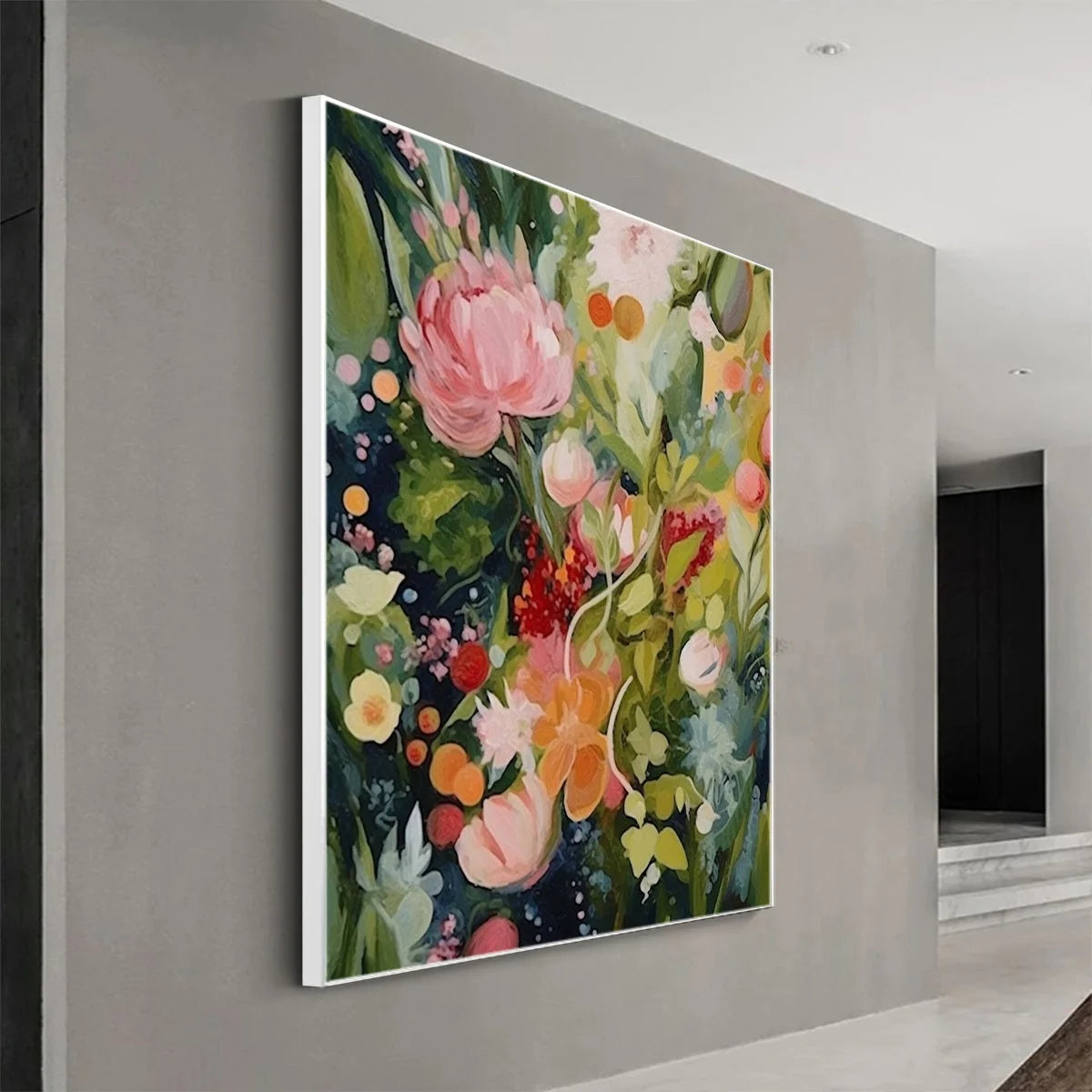 BLOOMING RHAPSODY: Textured Floral Oil Painting | gold frame stretched on neutral wall