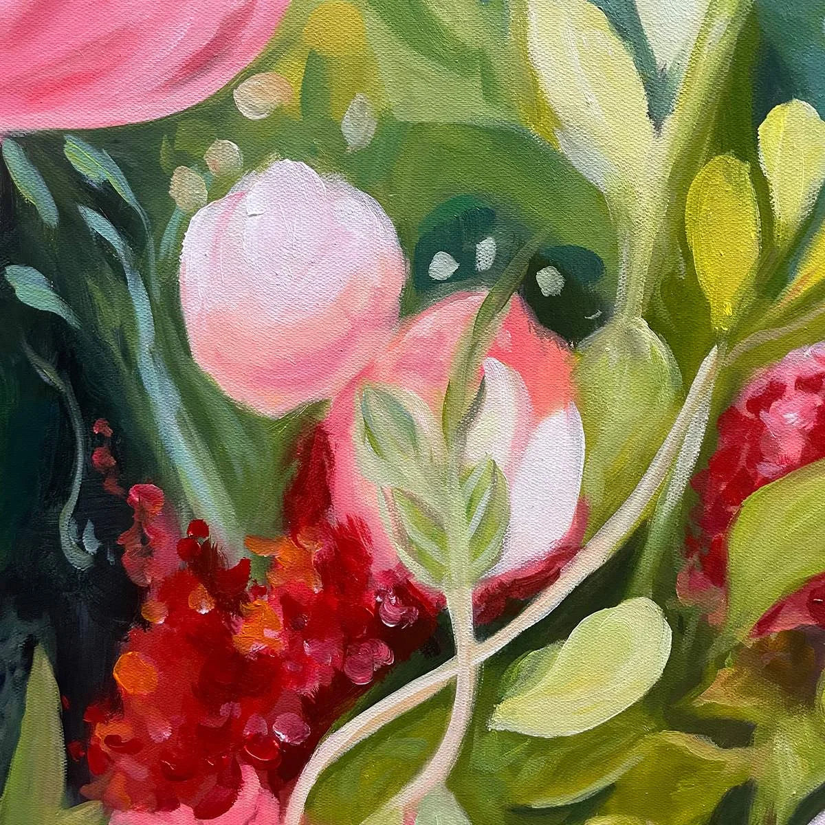 BLOOMING RHAPSODY: Textured Floral Oil Painting | black frame version on white wall