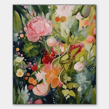 BLOOMING RHAPSODY: Textured Floral Oil Painting | hanging in Textured floral oil painting in vibrant pink, coral, and cream tones; refined palette-knife work creates a joyful, harmonious floral rha...