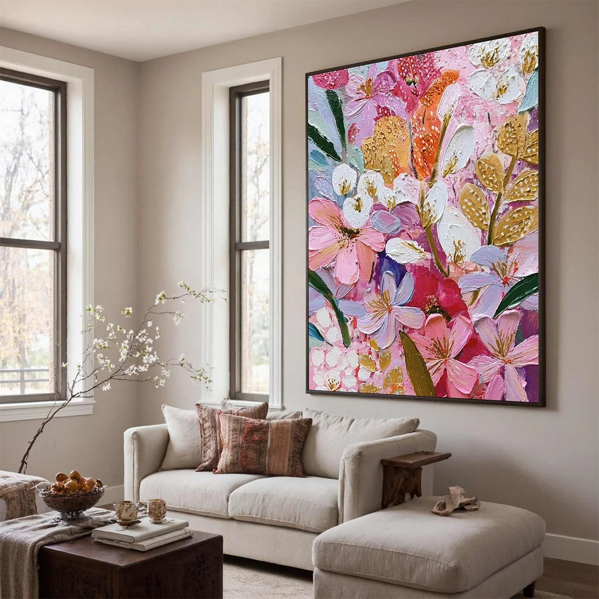 BLOOMING RHAPSODY: Textured Impasto Floral Oil Painting | rectangular format, hand-painted canvas edge