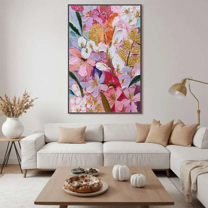 BLOOMING RHAPSODY: Textured Impasto Floral Oil Painting | gold frame stretched on neutral wall