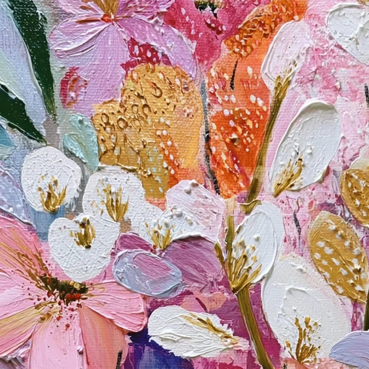 BLOOMING RHAPSODY: Textured Impasto Floral Oil Painting | black frame version on white wall