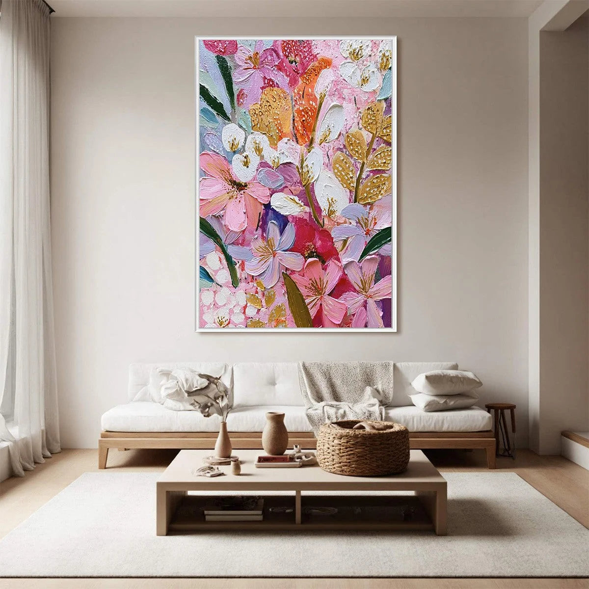 BLOOMING RHAPSODY: Textured Impasto Floral Oil Painting | textured impasto mood, soft natural light studio shot