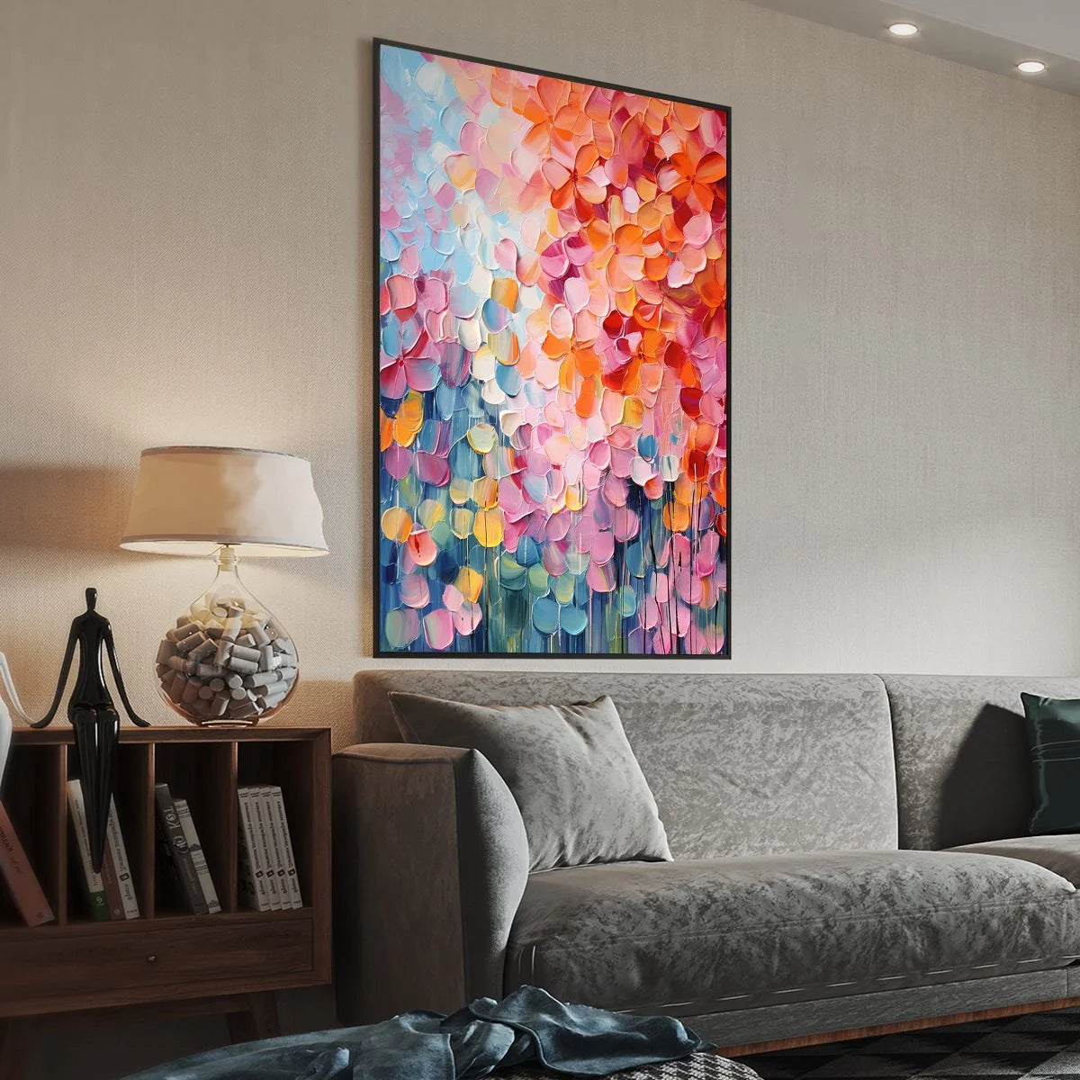 BLOOMING RHAPSODY: Textured Impasto Floral Oil Painting | gold frame stretched on neutral wall