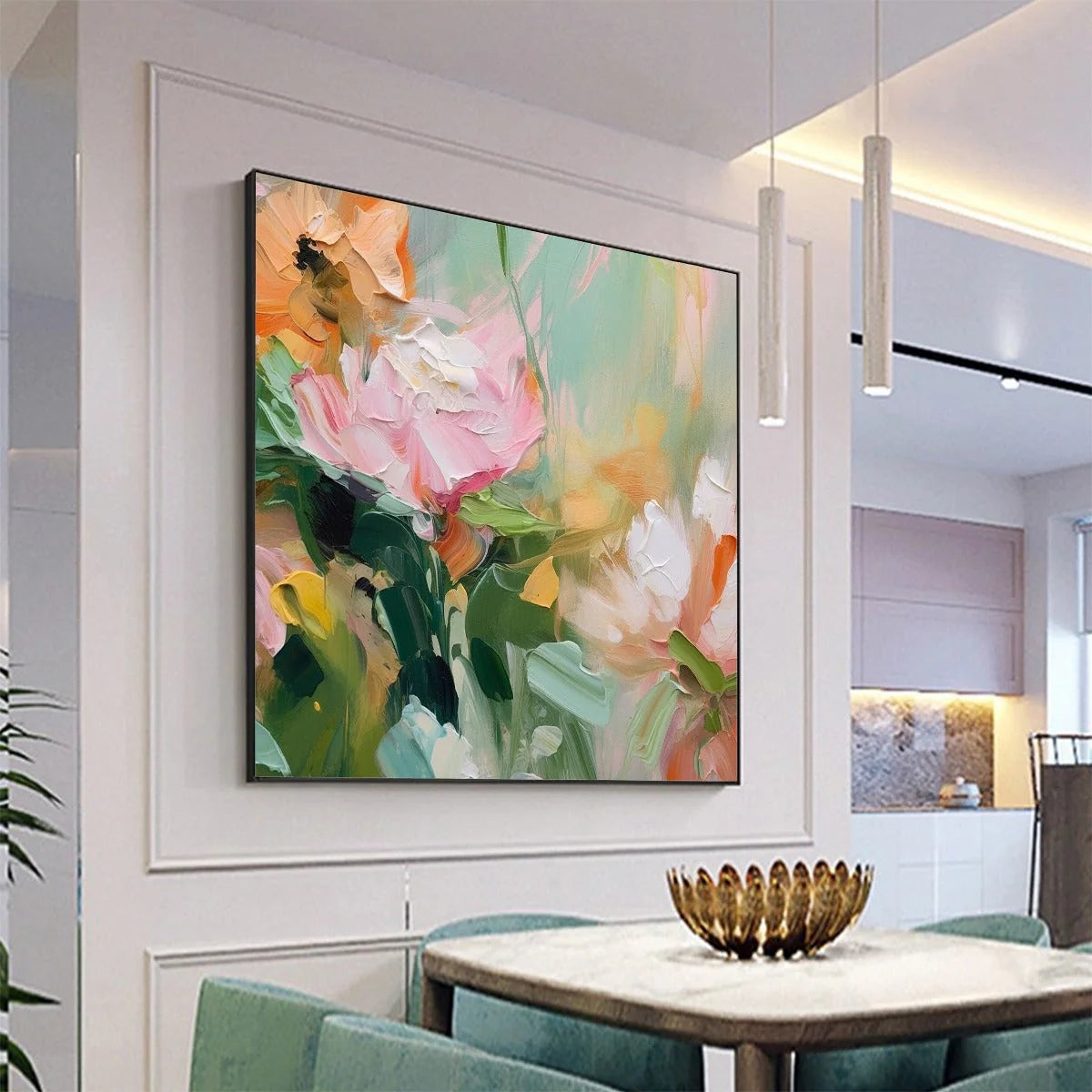 BLOOMING ROMANCE: Impressionistic Floral Oil Painting | gold frame stretched on neutral wall