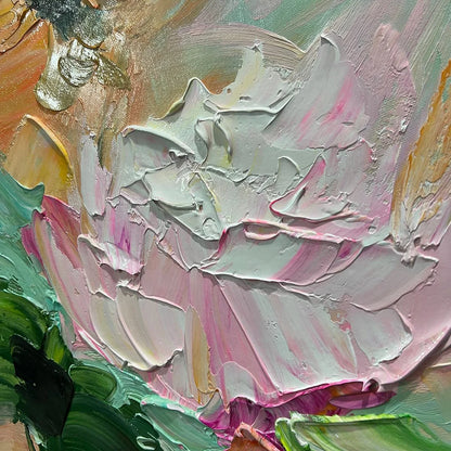 BLOOMING ROMANCE: Impressionistic Floral Oil Painting | black frame version on white wall