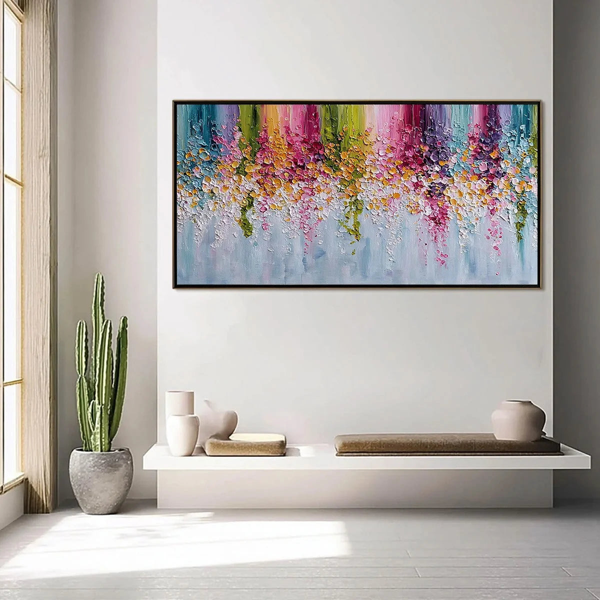 PETAL RAIN: Heavy Texture Impasto Floral Abstract Painting | gold frame stretched on neutral wall