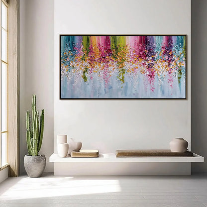 PETAL RAIN: Heavy Texture Impasto Floral Abstract Painting | gold frame stretched on neutral wall