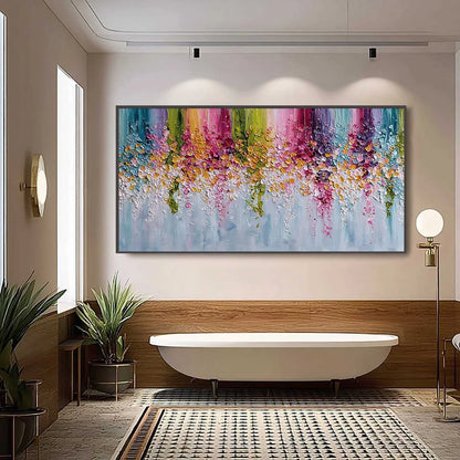 PETAL RAIN: Heavy Texture Impasto Floral Abstract Painting | black frame version on white wall