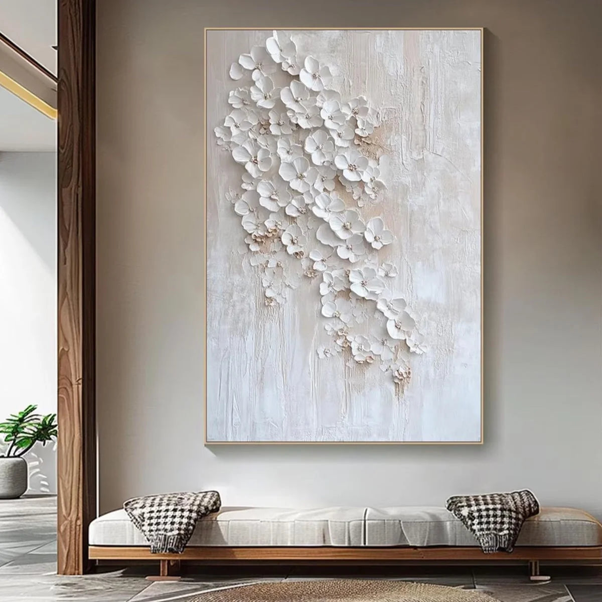 BLOSSOM CASCADE: Textured Wabi Sabi 3D Flower Painting | gold frame stretched on neutral wall