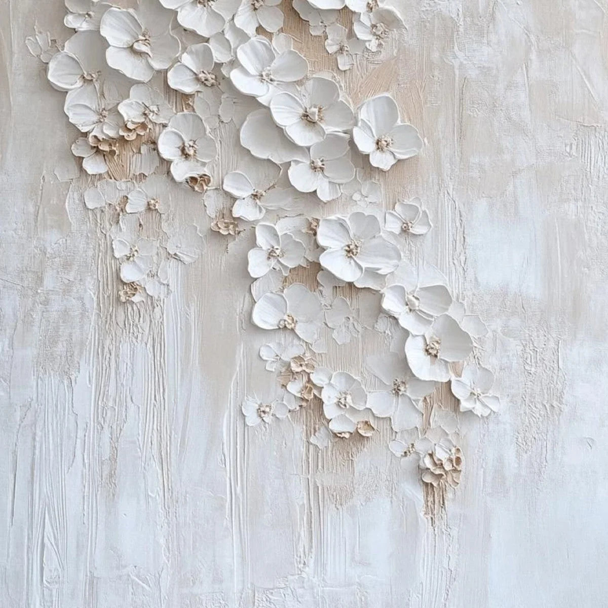 BLOSSOM CASCADE: Textured Wabi Sabi 3D Flower Painting | black frame version on white wall