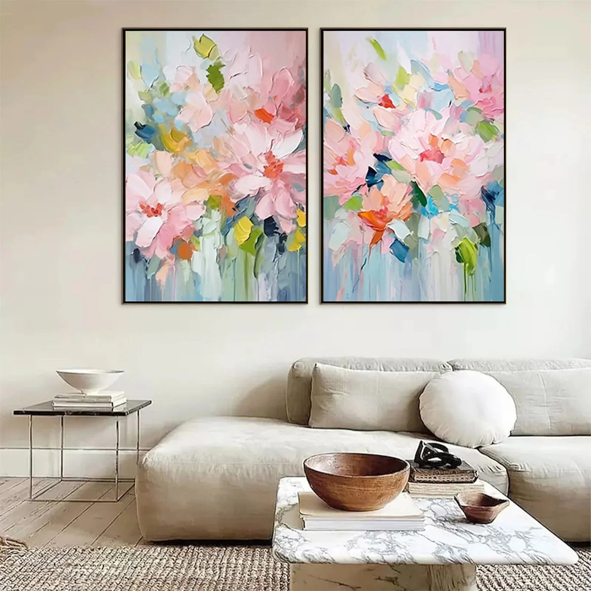 BLOSSOM CHORALE: Textured Impressionist Floral Diptych | impressionist closeup, raised brushwork detail