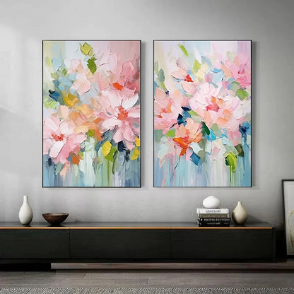 BLOSSOM CHORALE: Textured Impressionist Floral Diptych | rectangular format, hand-painted canvas edge