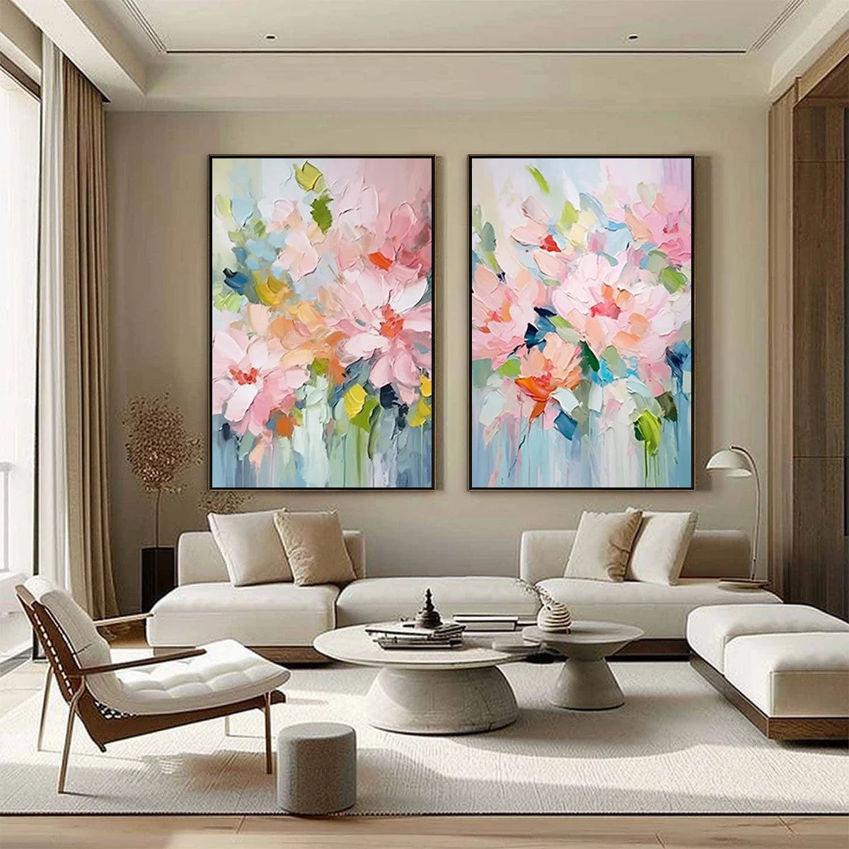 BLOSSOM CHORALE: Textured Impressionist Floral Diptych | rolled canvas, ready for custom framing