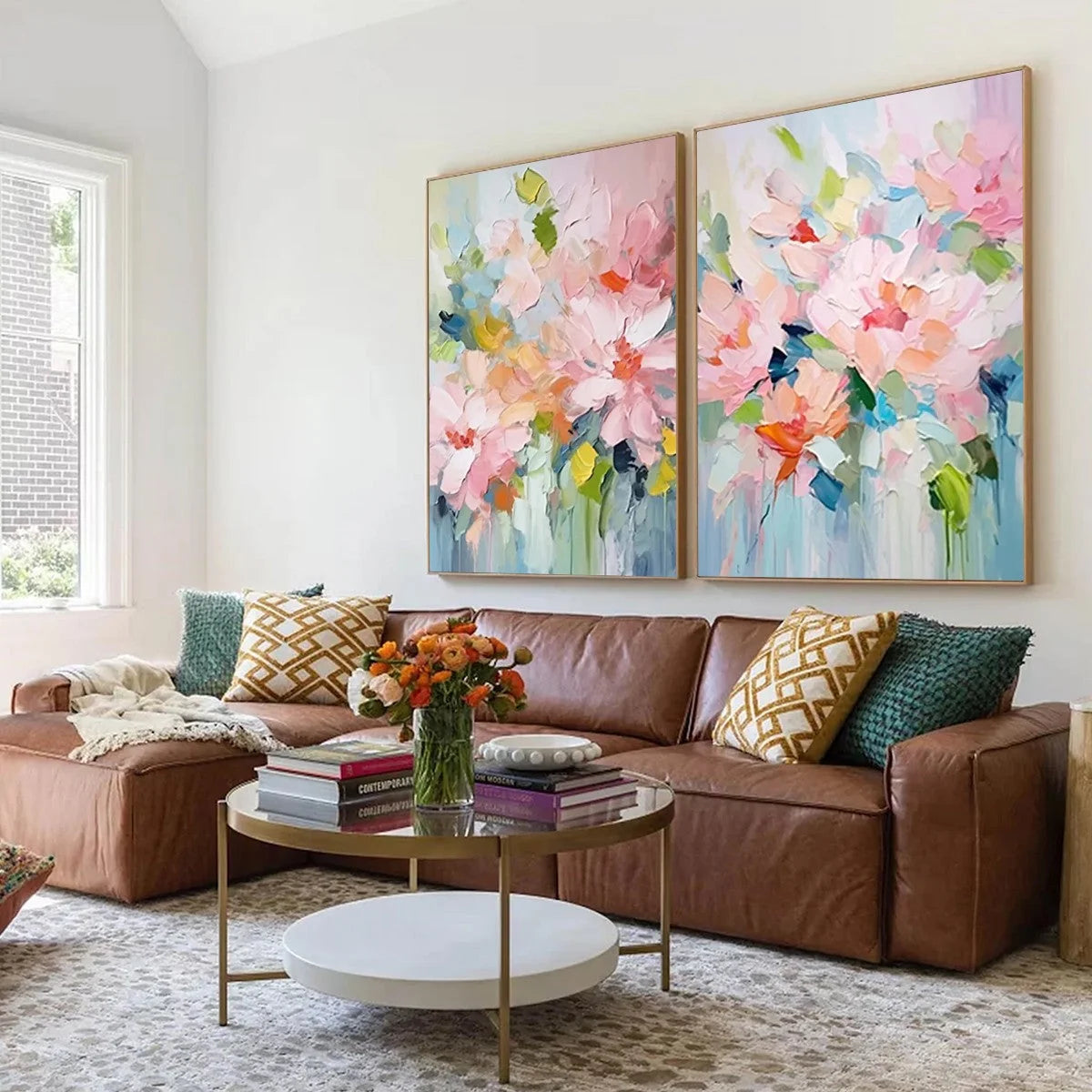 BLOSSOM CHORALE: Textured Impressionist Floral Diptych | impressionist mood, soft natural light studio shot