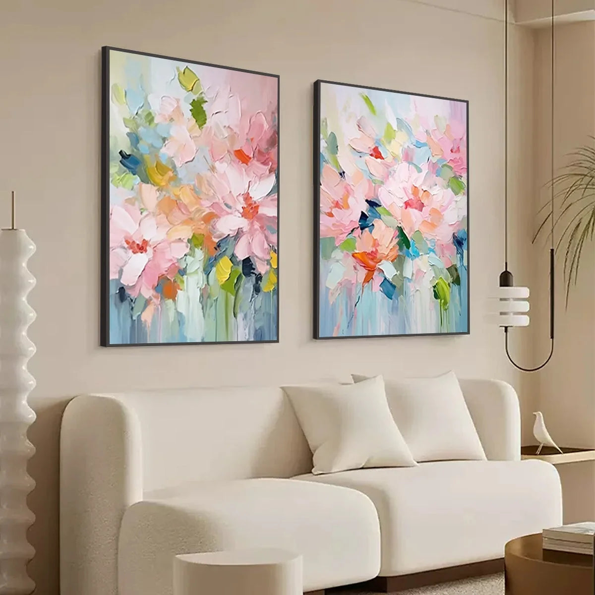 BLOSSOM CHORALE: Textured Impressionist Floral Diptych | floral palette, original dining room art