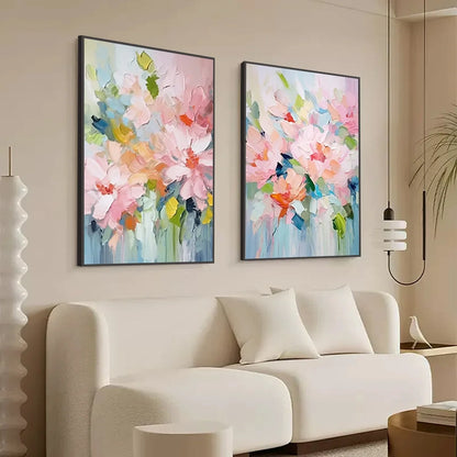 BLOSSOM CHORALE: Textured Impressionist Floral Diptych | floral palette, original dining room art