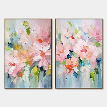 BLOSSOM CHORALE: Textured Impressionist Floral Diptych | hanging in living room, impressionist wall art