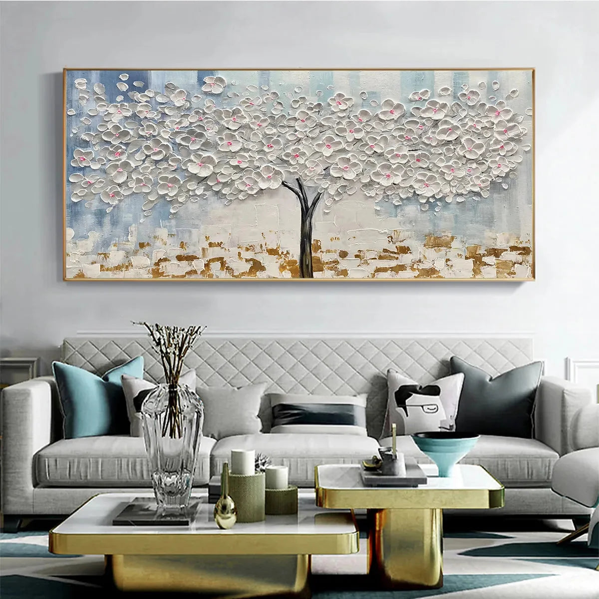 BLOSSOM DREAM: Textured Blossom Tree Painting in White and Gold | Abstract closeup, raised brushwork detail