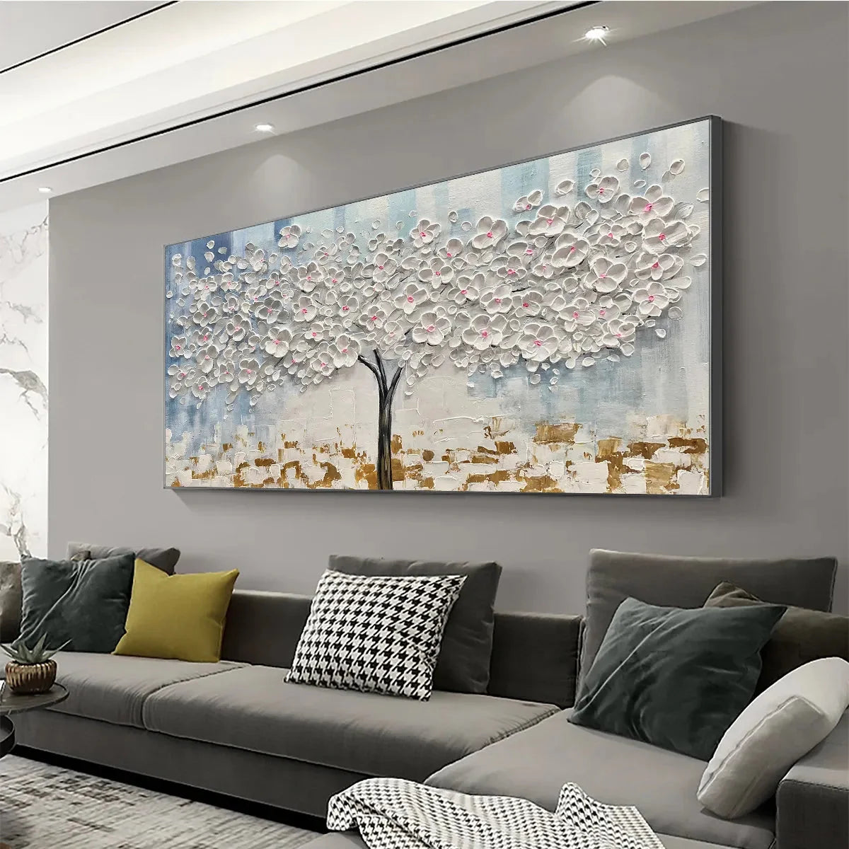 BLOSSOM DREAM: Textured Blossom Tree Painting in White and Gold | gold frame stretched on neutral wall