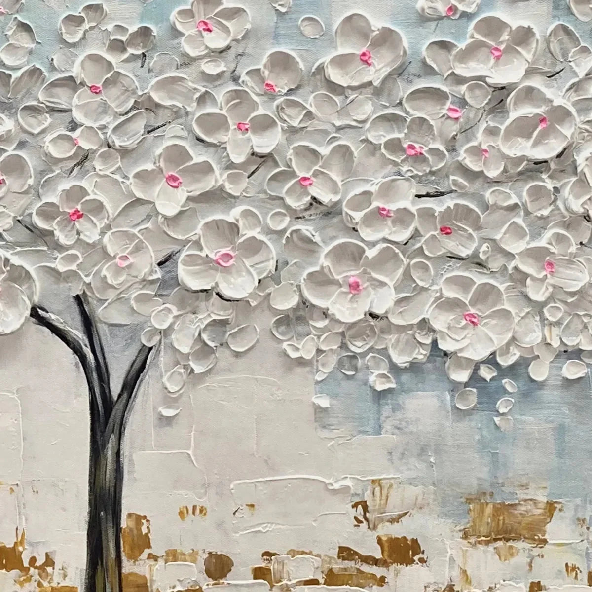 BLOSSOM DREAM: Textured Blossom Tree Painting in White and Gold | rolled canvas, ready for custom framing