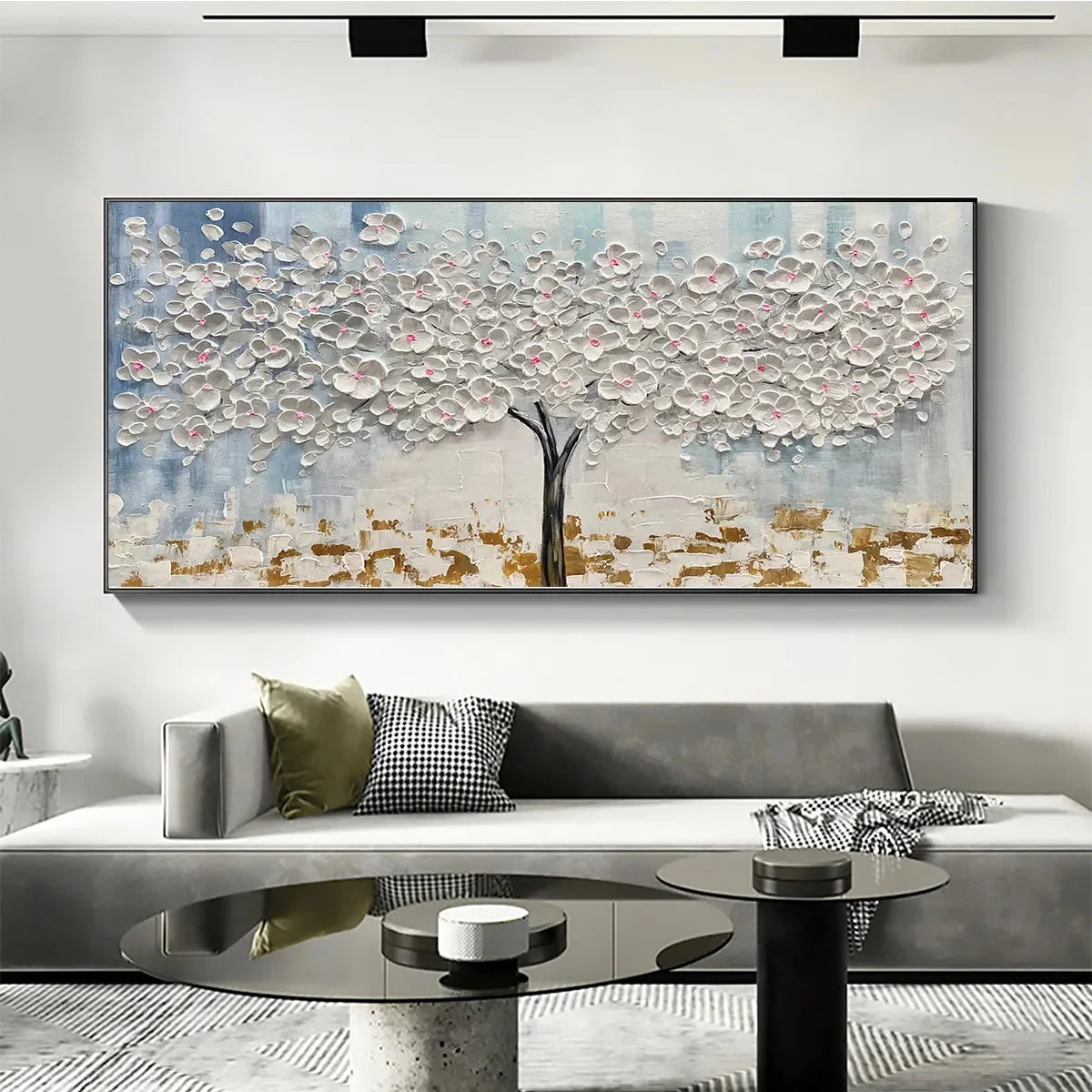 BLOSSOM DREAM: Textured Blossom Tree Painting in White and Gold | black frame version on white wall
