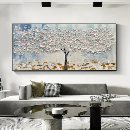 BLOSSOM DREAM: Textured Blossom Tree Painting in White and Gold | black frame version on white wall
