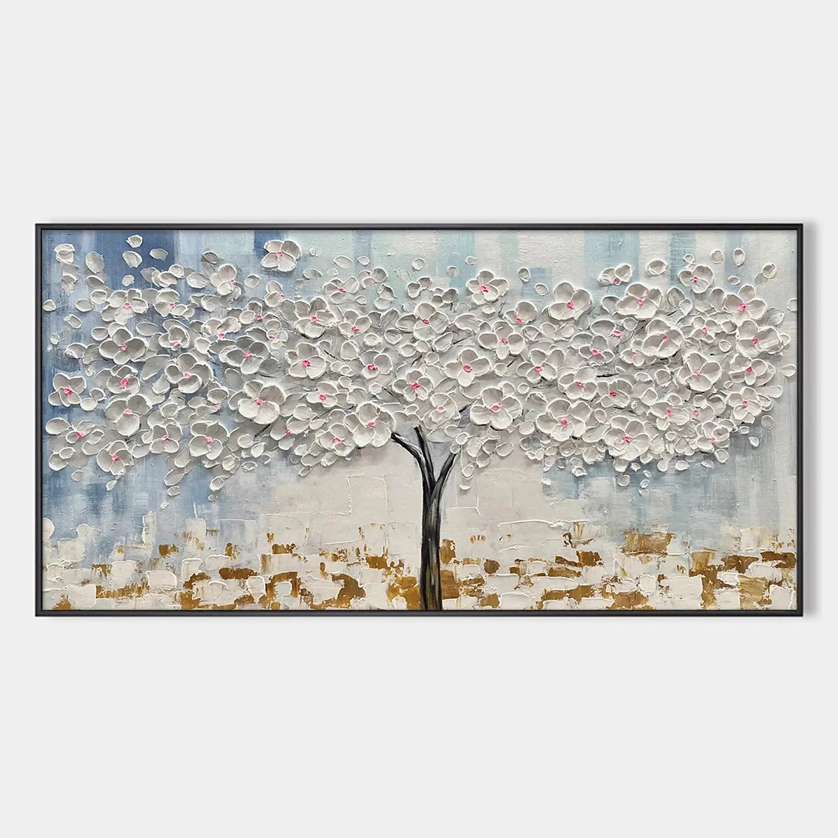 BLOSSOM DREAM: Textured Blossom Tree Painting in White and Gold | hanging in Textured blossom tree oil painting in soft white, cream, and metallic gold tones; delicate palette-knife work captures d...