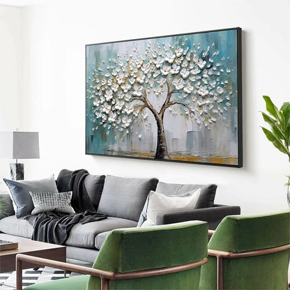 BLOSSOM DREAM: White Floral Impasto Oil Painting | gold frame stretched on neutral wall