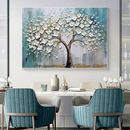 BLOSSOM DREAM: White Floral Impasto Oil Painting | black frame version on white wall
