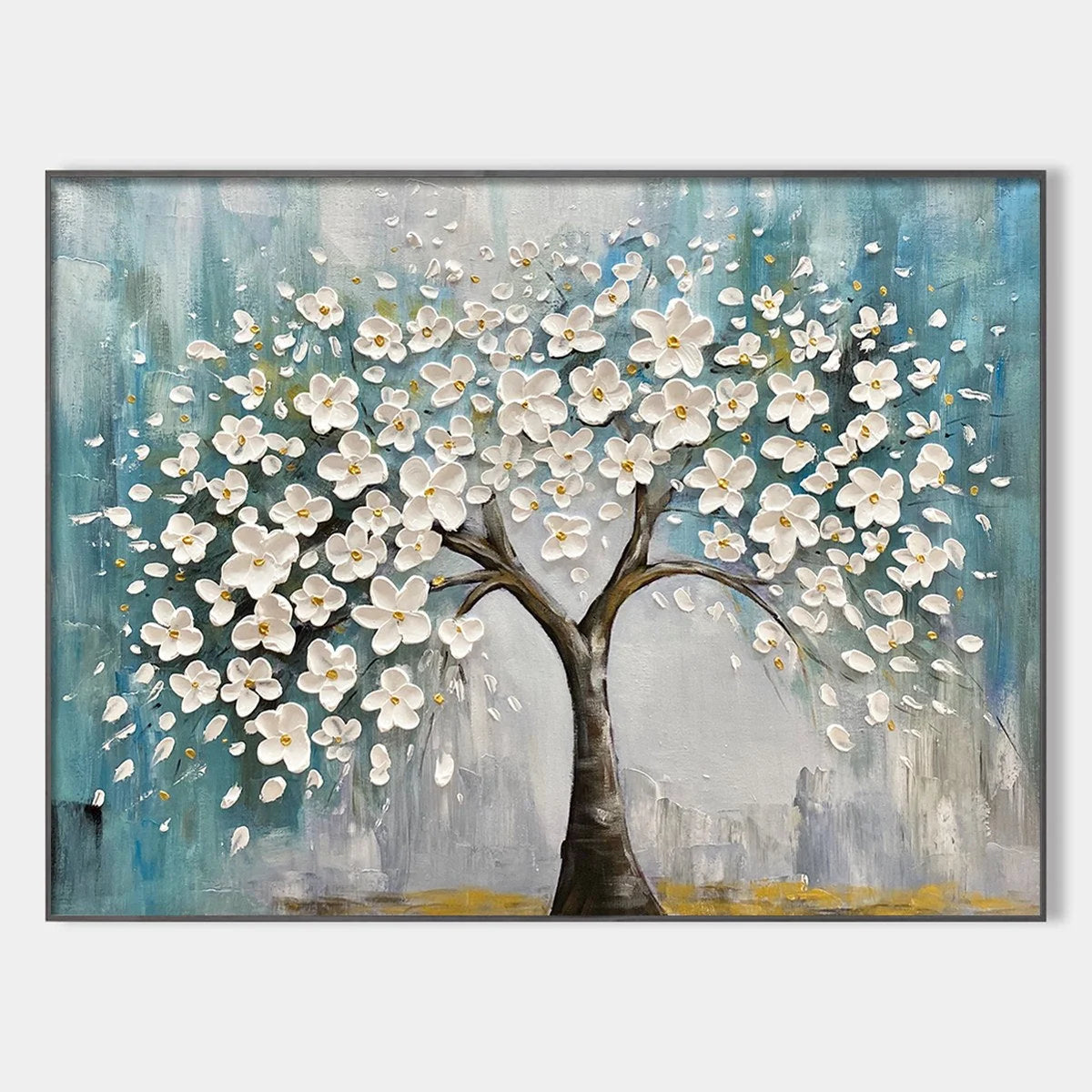 BLOSSOM DREAM: White Floral Impasto Oil Painting | hanging in BLOSSOM DREAM: White Floral Impasto Oil Painting featuring layered textured brushwork in refined tones; abstract composition with rich ...