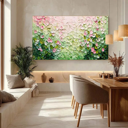 BLOSSOM DRIFT: Palette Knife Floral Impasto Painting | gold frame stretched on neutral wall