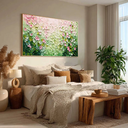 BLOSSOM DRIFT: Palette Knife Floral Impasto Painting | black frame version on white wall