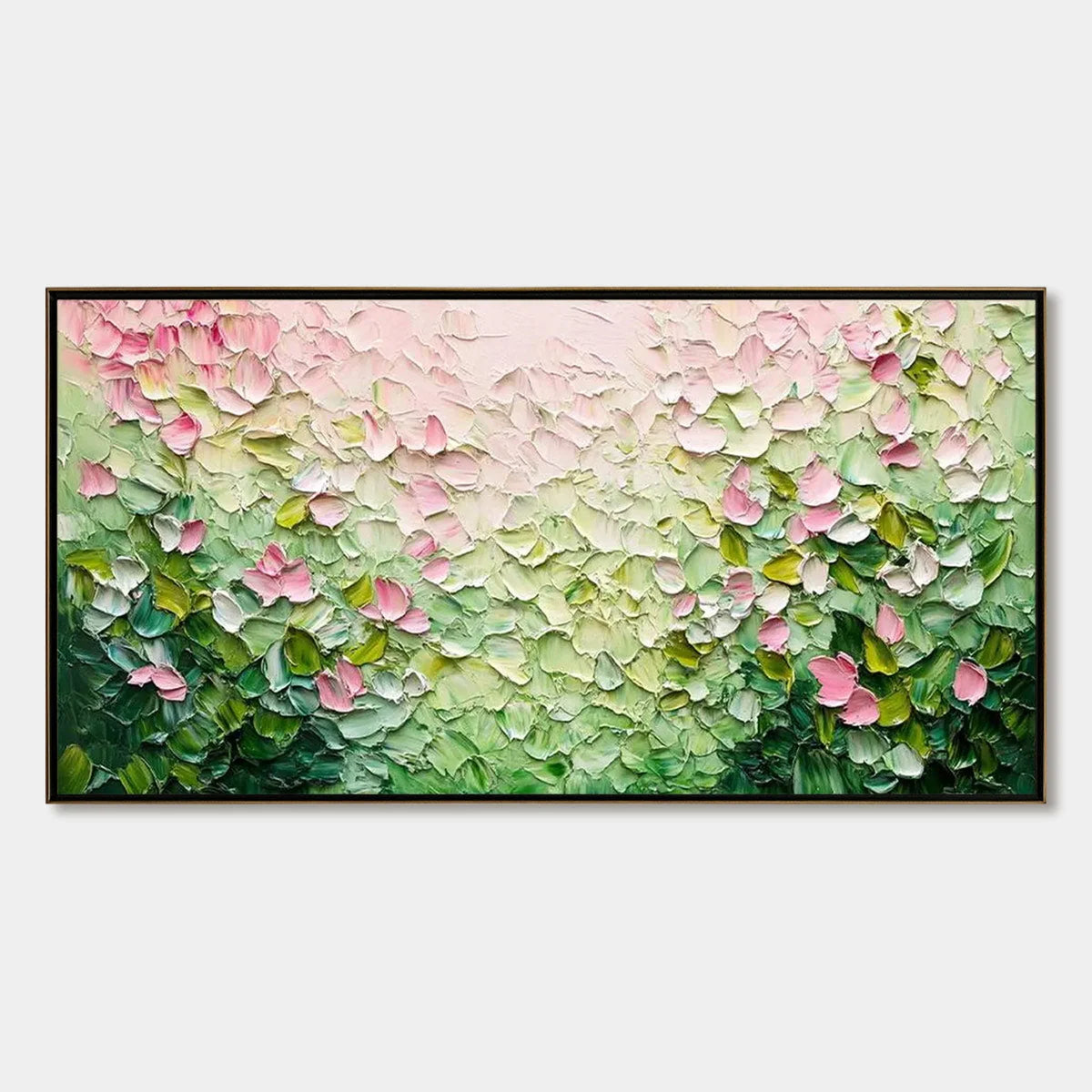 BLOSSOM DRIFT: Palette Knife Floral Impasto Painting | hanging in Palette knife floral impasto oil painting in soft pink, white, and green tones; rich textured surface suggests drifting spring blos...
