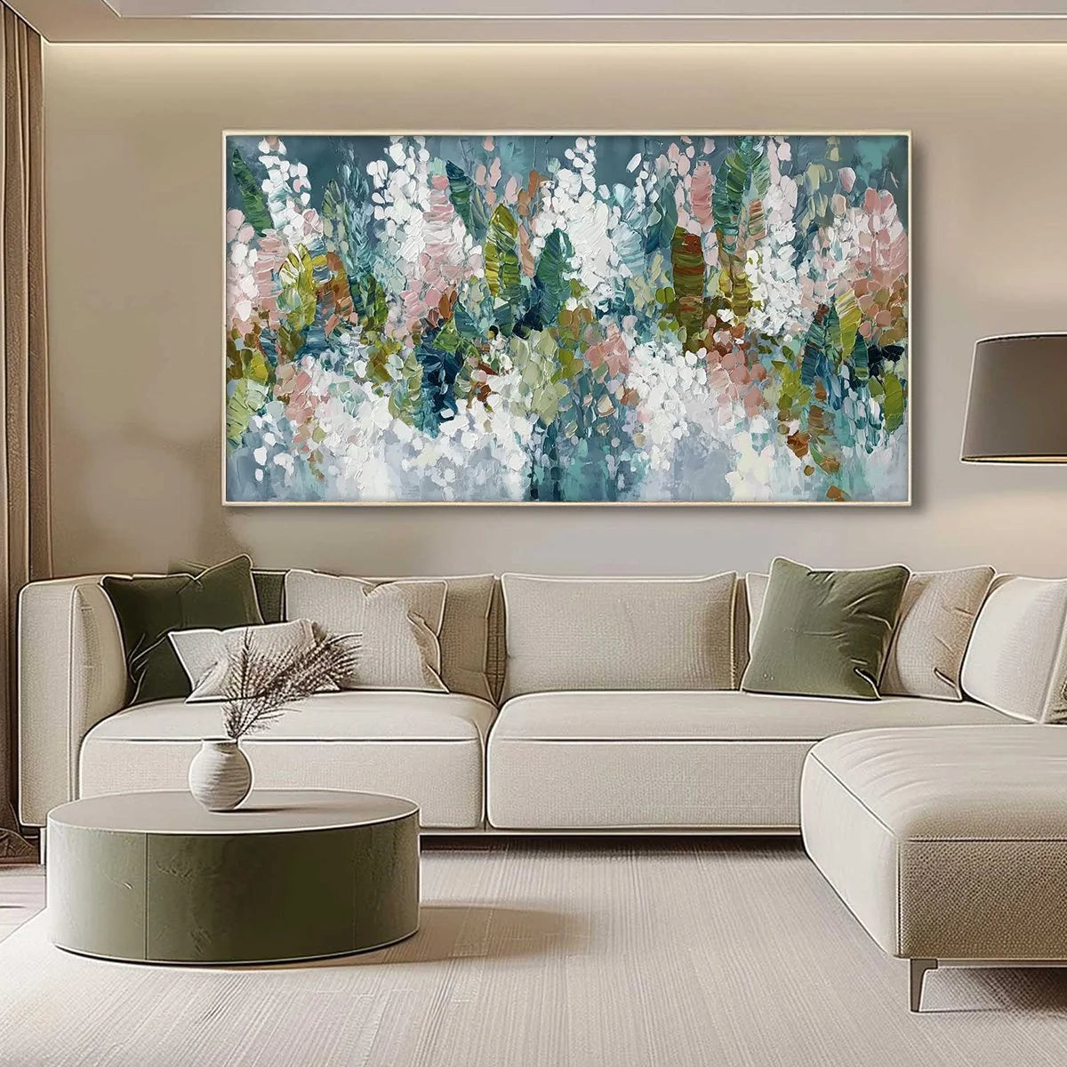 BLOSSOM REVERIE: Textured Abstract Floral Impasto Oil Painting | gold frame stretched on neutral wall