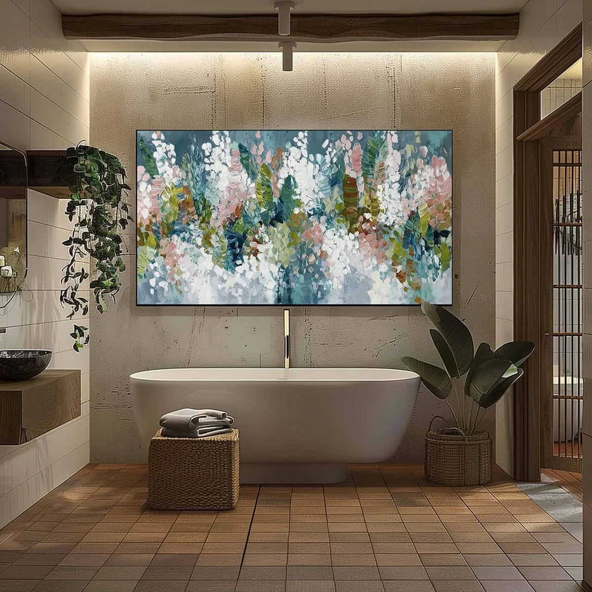 BLOSSOM REVERIE: Textured Abstract Floral Impasto Oil Painting | black frame version on white wall