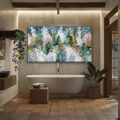 BLOSSOM REVERIE: Textured Abstract Floral Impasto Oil Painting | black frame version on white wall