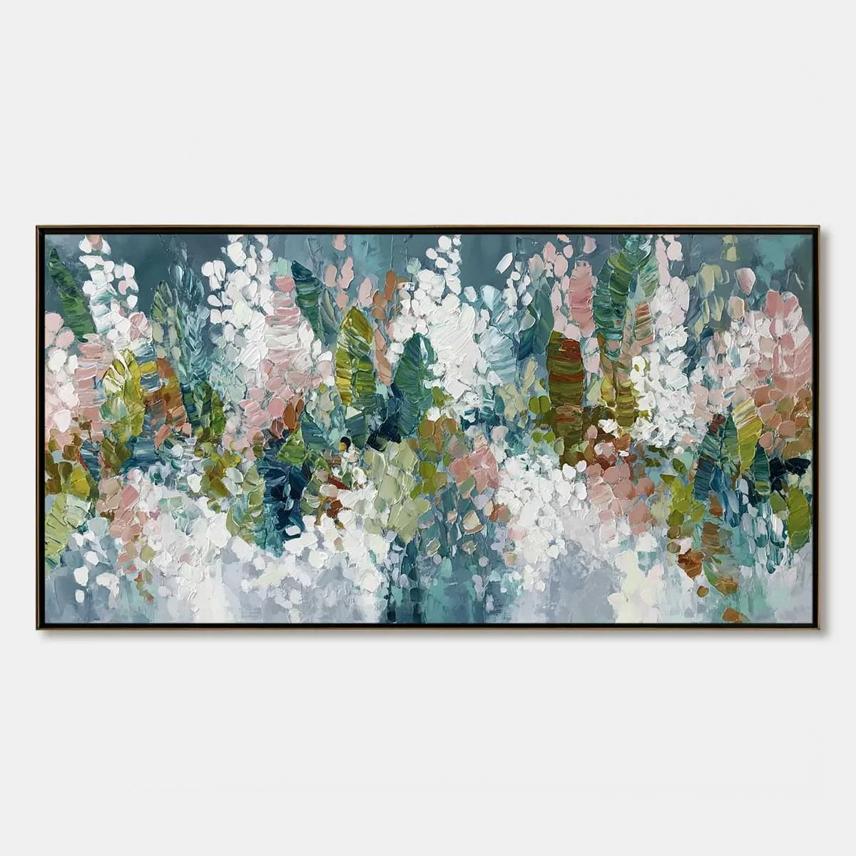 BLOSSOM REVERIE: Textured Abstract Floral Impasto Oil Painting | hanging in Textured abstract floral impasto oil painting in soft pink, cream, and white pastels with thick palette-knife brushwork.,...