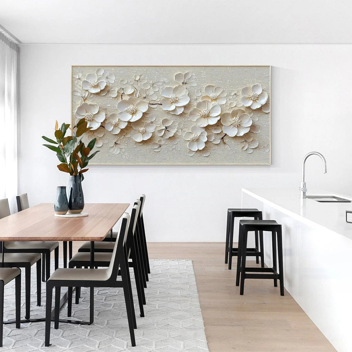 BLOSSOM SERENADE: Textured Floral Oil Painting | gold frame stretched on neutral wall