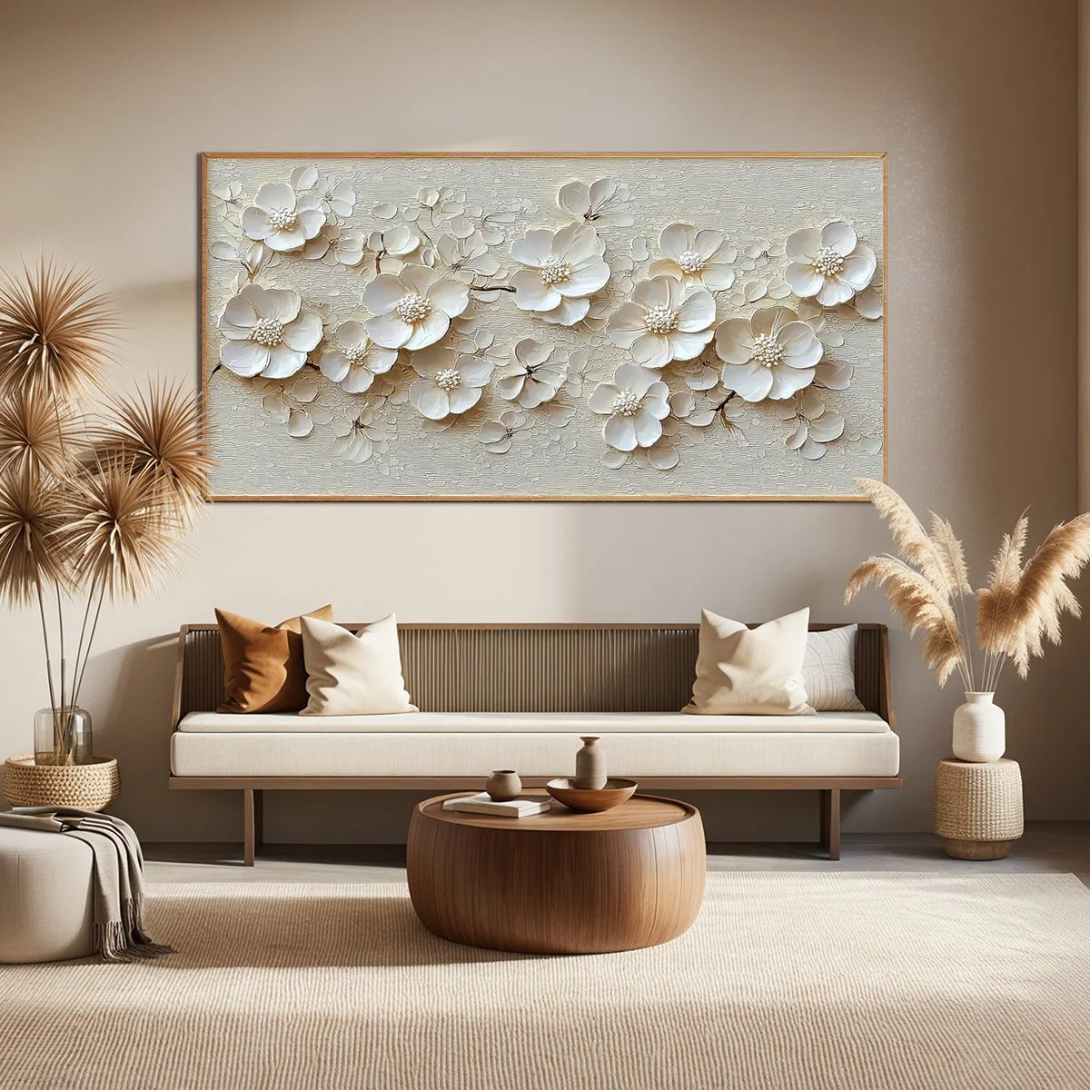 BLOSSOM SERENADE: Textured Floral Oil Painting | Abstract mood, soft natural light studio shot