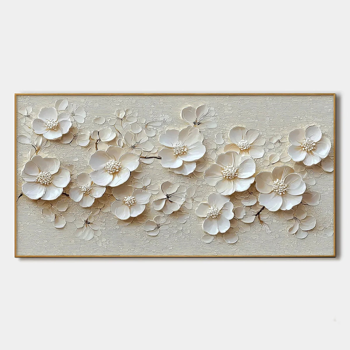 BLOSSOM SERENADE: Textured Floral Oil Painting | hanging in BLOSSOM SERENADE: Textured Floral Oil Painting featuring layered textured brushwork in refined tones; abstract composition with rich pale...