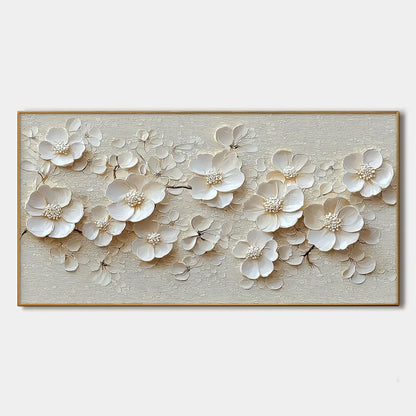 BLOSSOM SERENADE: Textured Floral Oil Painting | hanging in BLOSSOM SERENADE: Textured Floral Oil Painting featuring layered textured brushwork in refined tones; abstract composition with rich pale...