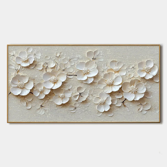BLOSSOM SERENADE: Textured Floral Oil Painting | hanging in BLOSSOM SERENADE: Textured Floral Oil Painting featuring layered textured brushwork in refined tones; abstract composition with rich pale...