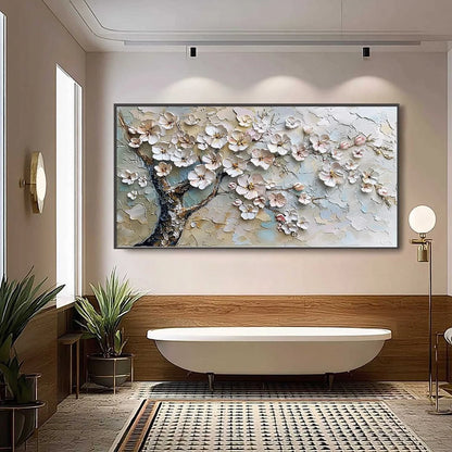 BLOSSOM SERENADE: Textured Impasto Cherry Blossom Painting | Abstract closeup, raised brushwork detail
