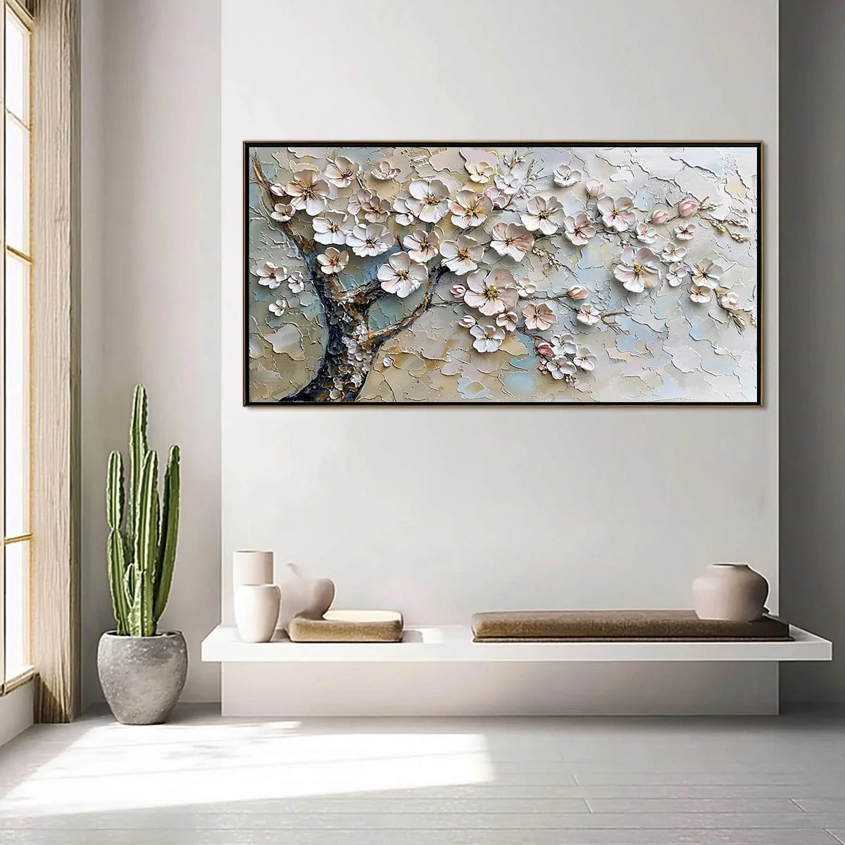 BLOSSOM SERENADE: Textured Impasto Cherry Blossom Painting | gold frame stretched on neutral wall