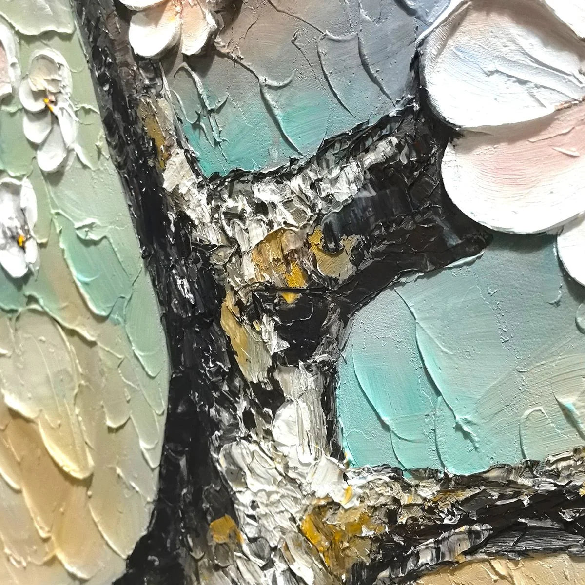 BLOSSOM SERENADE: Textured Impasto Cherry Blossom Painting | black frame version on white wall